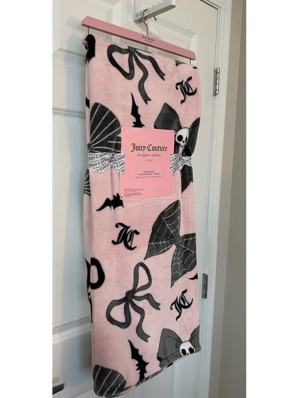 Juicy Couture Oversized Plush Printed Throw Blanket 60x70 Pink with Black Bats